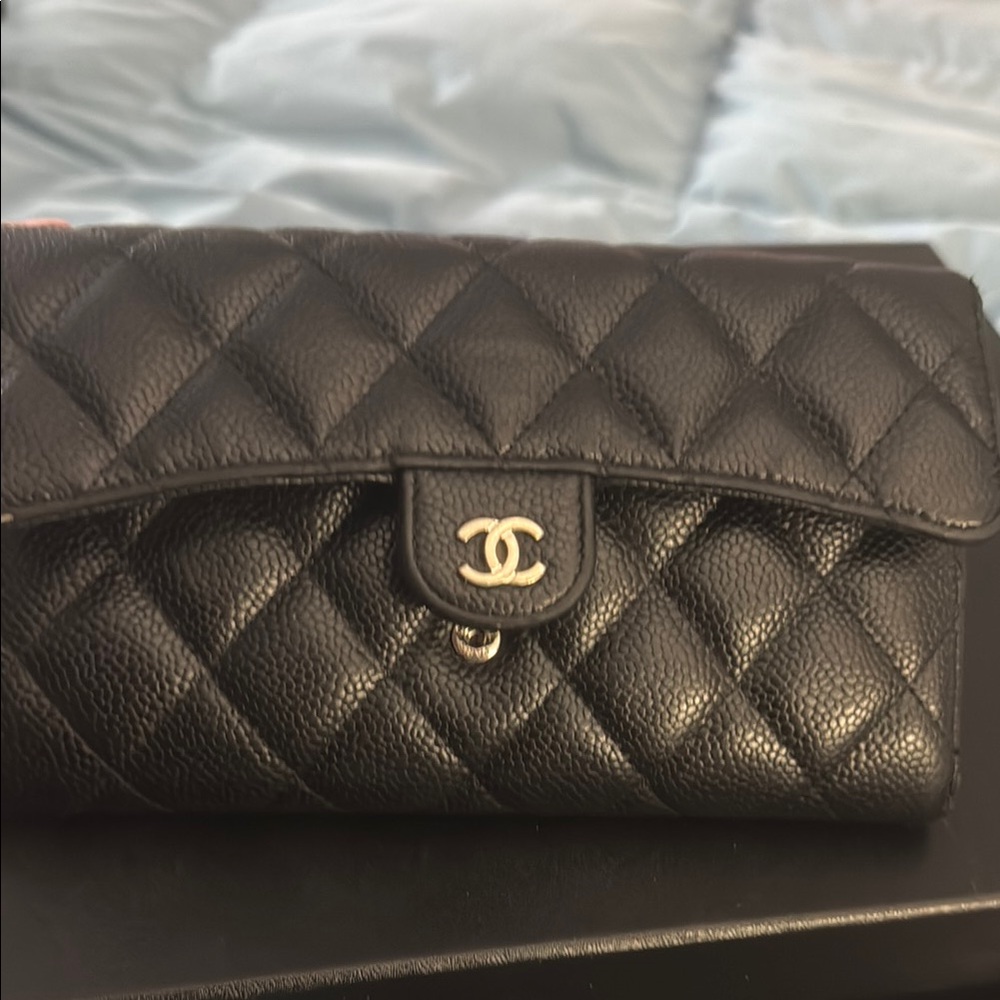 Authentic Chanel Black Quilted Leather Wallet with Iconic CC Logo